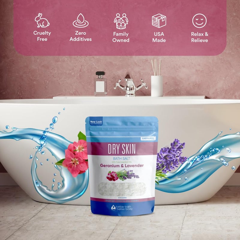 Better Bath Better Body Dry Skin Bath Salt 32 Ounces (2 Lbs) Epsom Salt with Natural Geranium and Lavender Essential Oils Plus Vitamin C in BPA Free Pouch with Easy Press Lock Seal Made in USA - Image 3